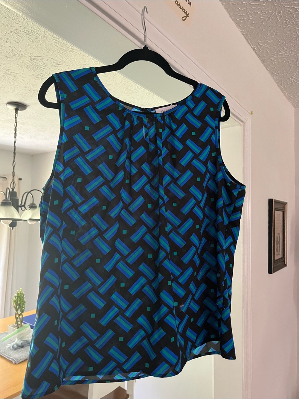 Calvin Klein Black Sleeveless Top with Blue & Teal Geometric Print - Picture 6 of 6